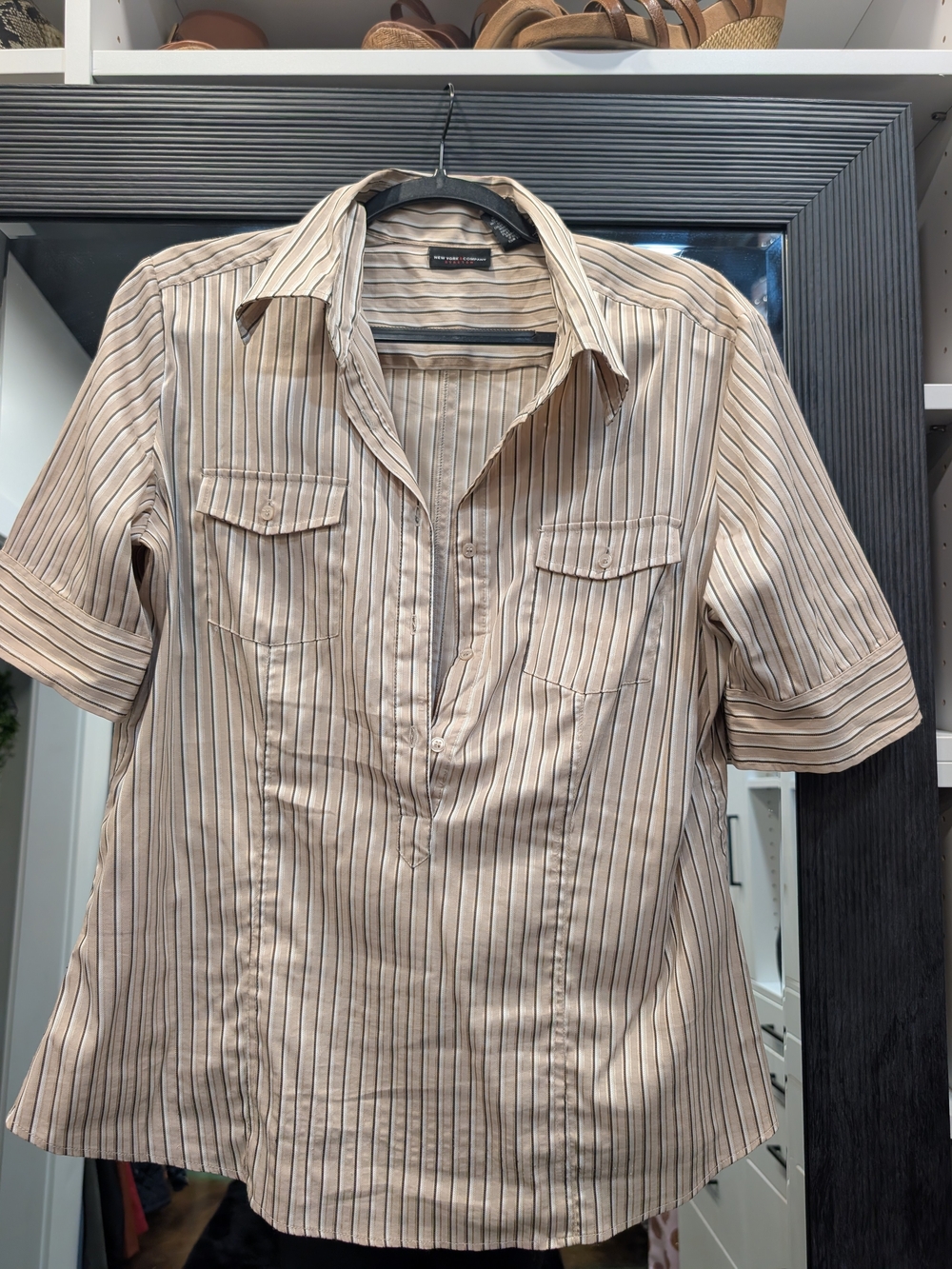 New York & Company Beige and Black Striped Button-Front Shirt